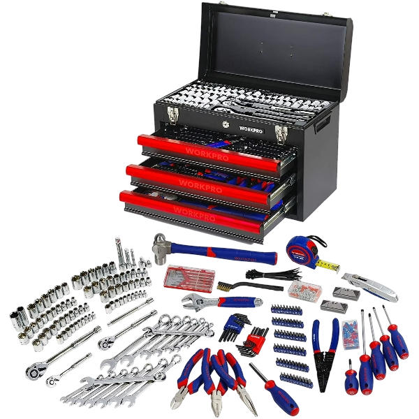 WORKPRO 408-Piece Auto Repair Tool Set,Mechanics Tool Set,General Household Home Repair Tool Kit with 3-Drawer Heavy Duty Metal Box,Hand Tool Kit