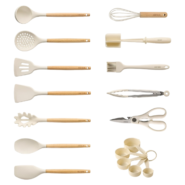 Carote 17-Piece Silicone and Wood Cooking Utensil Set, Heat-Resistant, Safe for Nonstick Cookware